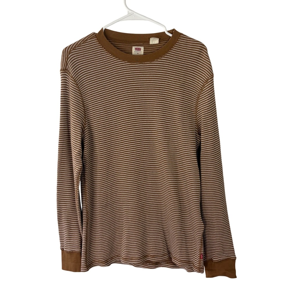 Levis Mens Brown White Striped Waffle Knit Thermal Long Sleeve Shirt Medium